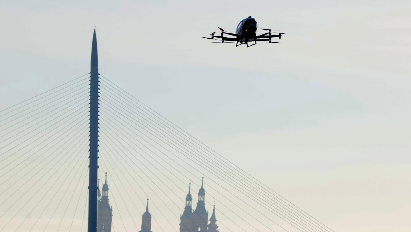 An emergency logistics drone flying over Zaragoza