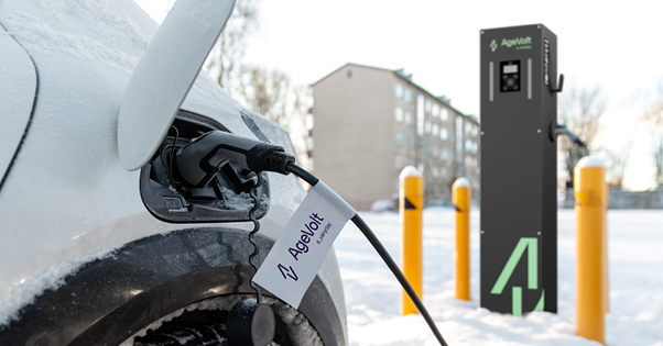 AgeVolt charging station on a snowy street