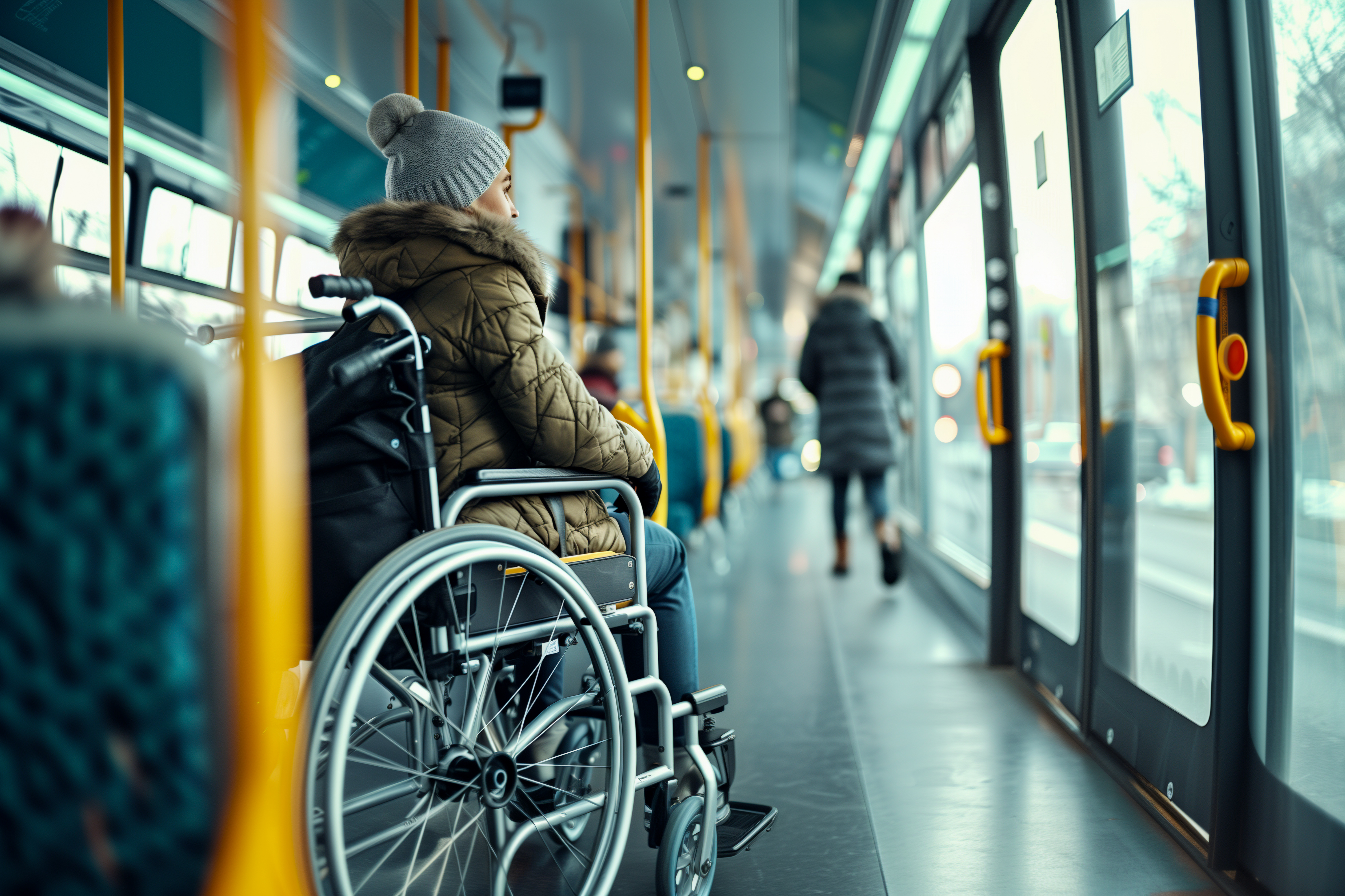 A lady in wheelchair sitting in a bus