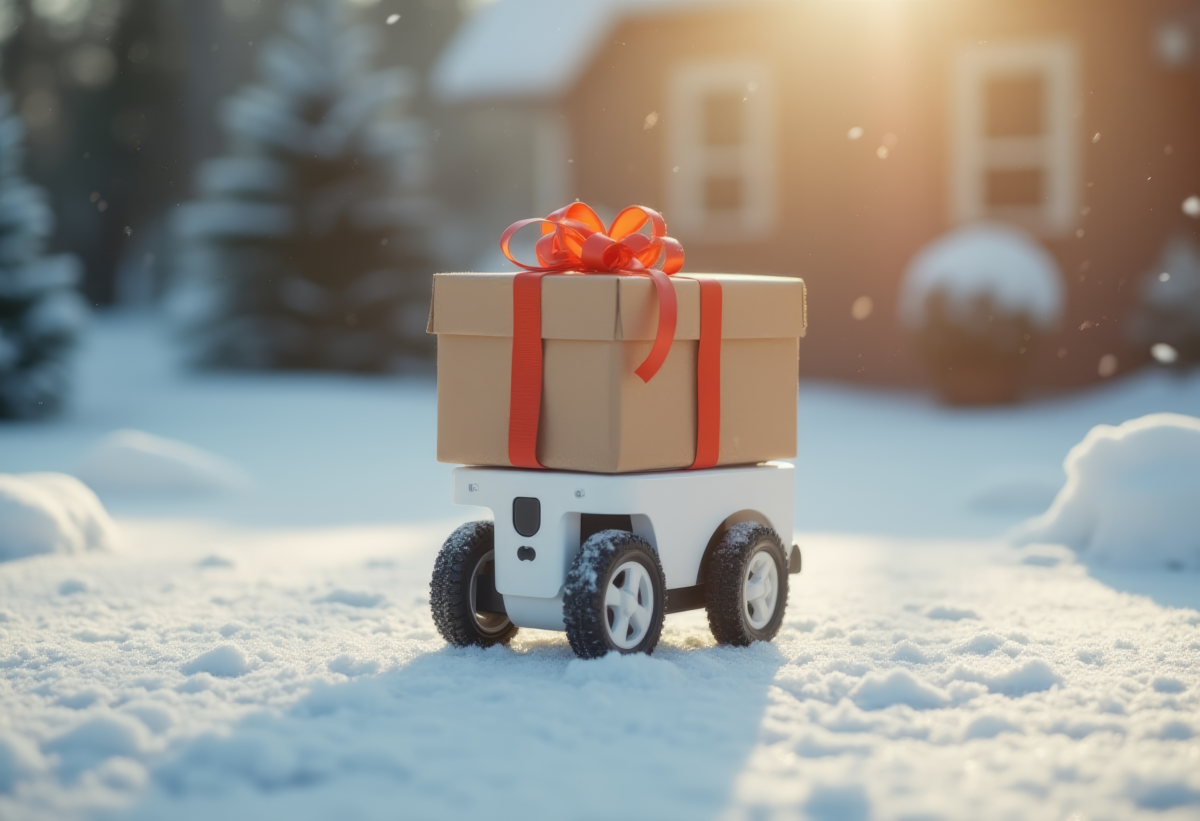 Autonomous parcel delivery robot in a snowy weather. 