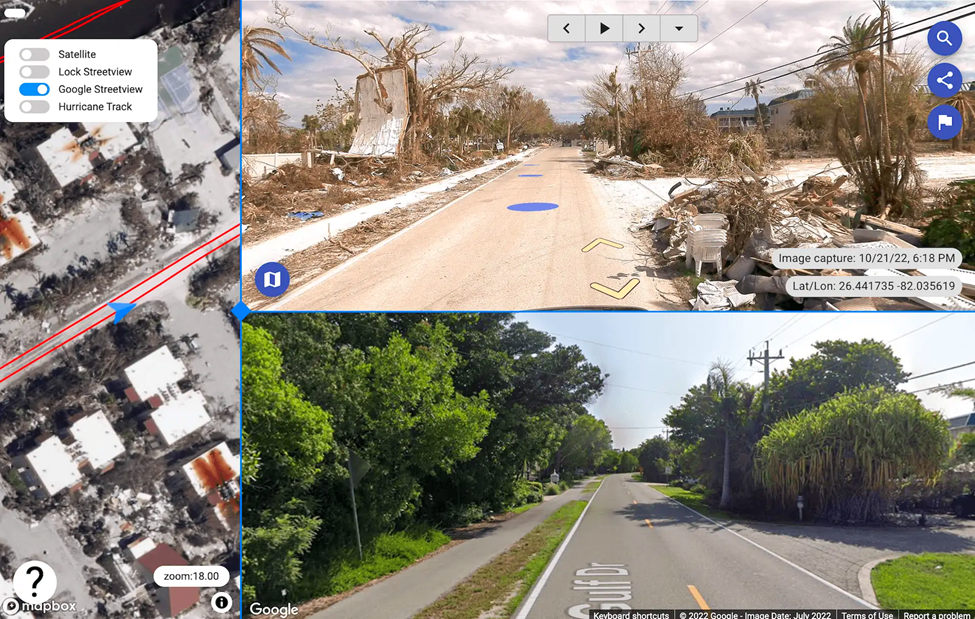 Before and after images of the same roadway in Florida captured after the devastating Hurricane Ian in 2022. Collected and visualised in 24 hours.