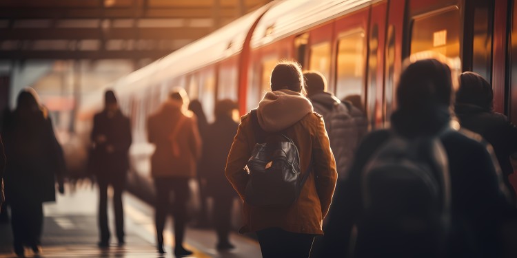 People waiting for train at the train station. Sustainable Mobility
