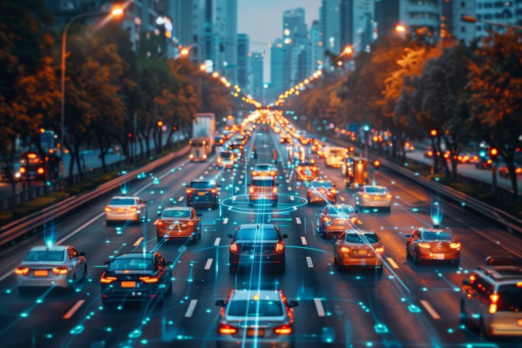 Cars in a city connected by data. 