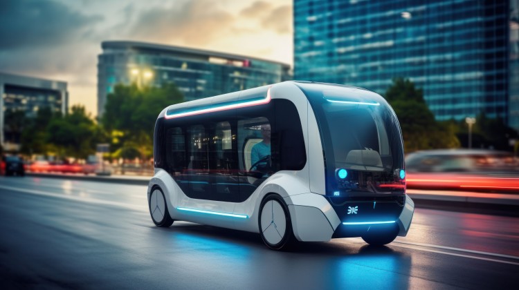 Autonomous shuttle driving in the city. Generated by AI. 