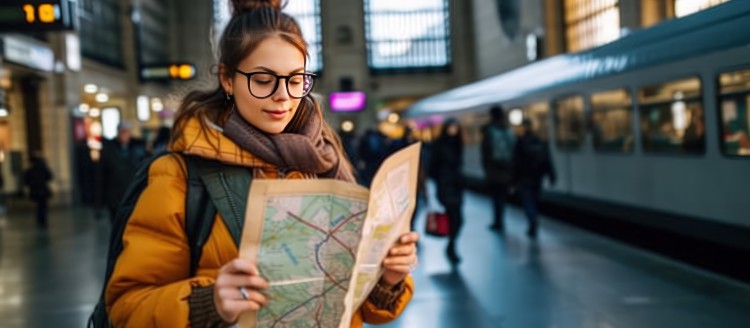 A passenger is looking into a paper map in a train station