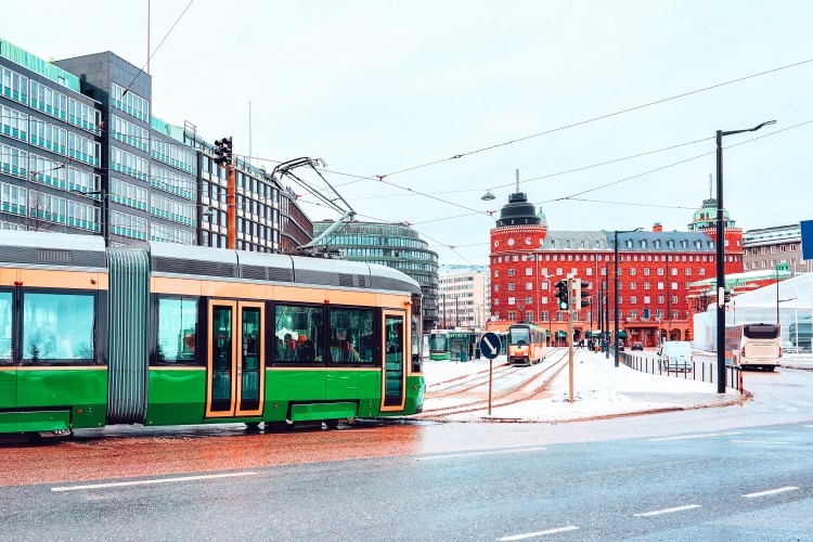 Tram and bus in Helsinki, Finland. 