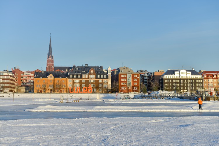 A person walking in snowy Lulea, Sweden. 