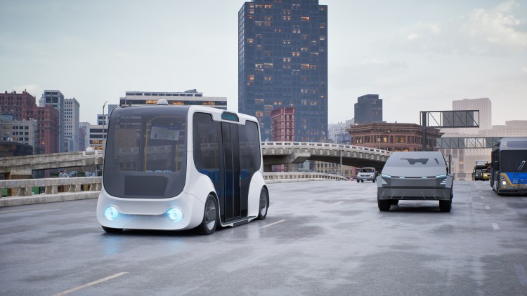 Autonomous electric bus self driving on street, Smart vehicle technology concept