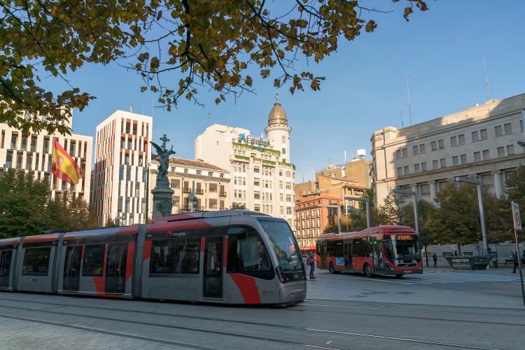 Tram and bus operating in Zaragoza, Spain