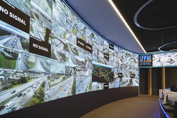 Wall of monitors displaying traffic monitoring software
