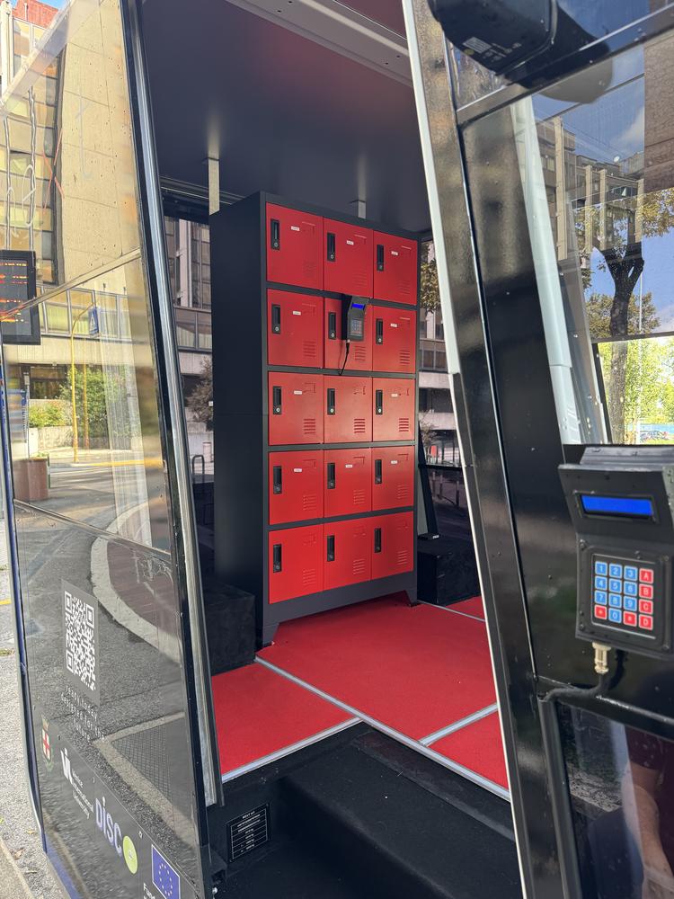 Interior of the ePods mobile parcel locker showing secure parcel compartments and keypad access for contactless parcel collection.