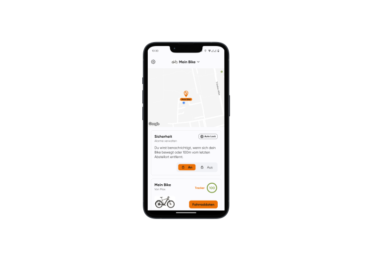 Screenshot of the Tout Terrain app showing the bike's location
