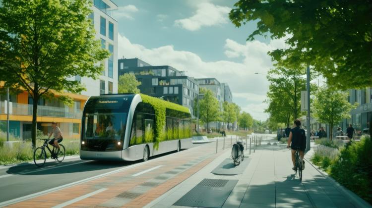Green city with sustainable transport and people cycling 