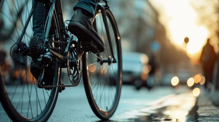 view of two wheels of a bicycle in movement in a city environment