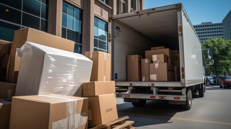  Con licencia  Guardar en la biblioteca  Previsualizar recorte  Buscar similares   Archivo n.°:  868323504 A moving truck unloaded with stacks of boxes in a city area with office buildings in the background.