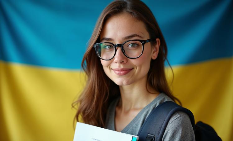 Young woman wearing glasses holding books with the flag of Ukraine