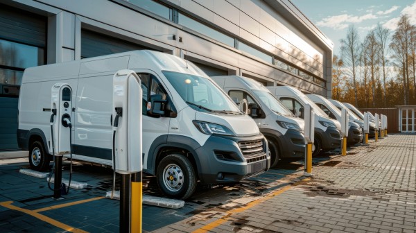 A row of delivery vans charge at a charging station 