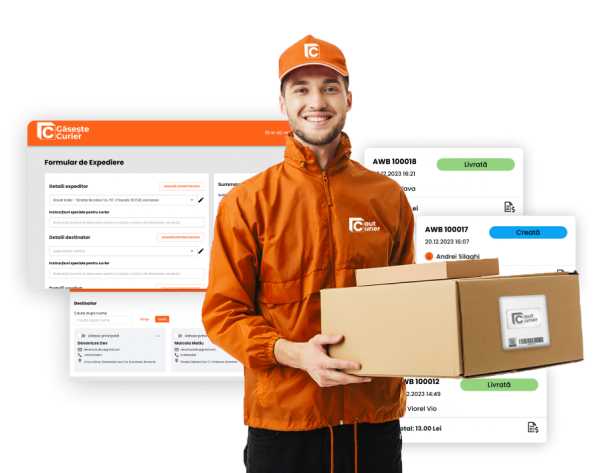 A courier in front of a platform. Logistics delivery concept. 