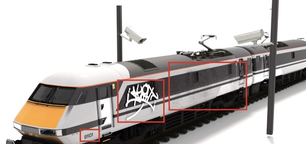 A render of a train on the rails. 