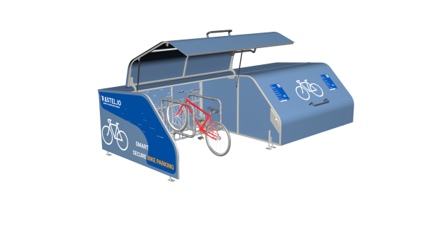 A render of a two-unit, modular and secure smart bike shelter