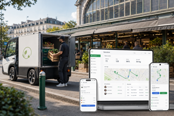 Electric delivery vehicle outside an urban market, with digital interfaces showing delivery requests, route planning and operational monitoring.