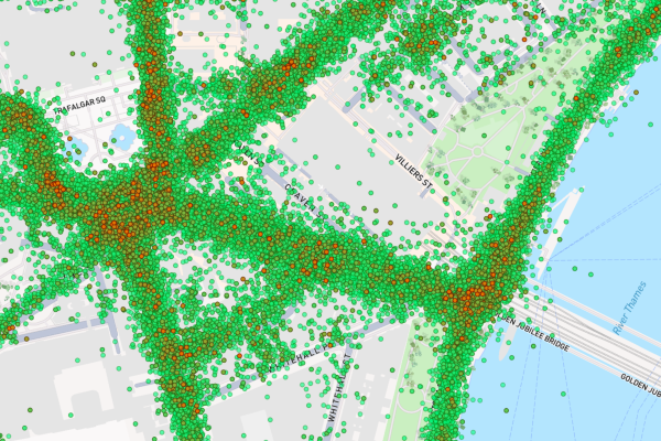 G-force heatmap dots in London on Road Intelligence.