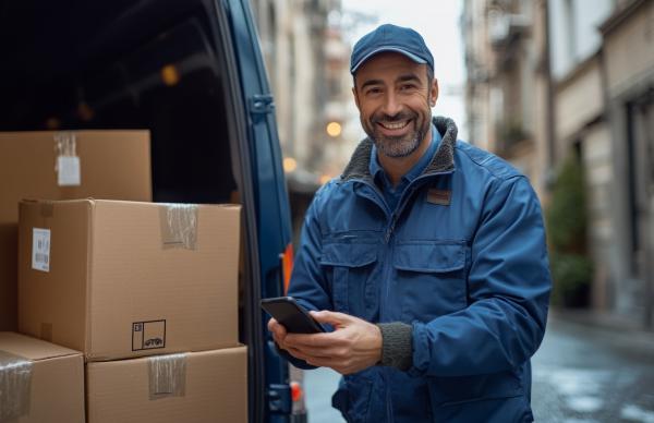 Delivery man using a mobile phone and smiling next his delivery van
