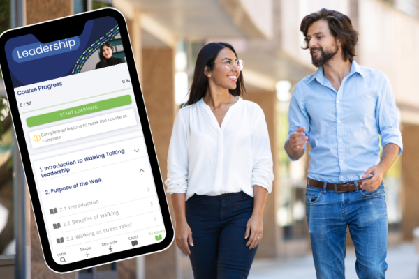 A picture showing the app featuring courses nudging walking, next to two business casual people walking and talking.