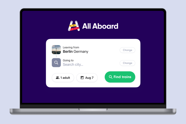 Computer showing the All Aboard booking dashboard for train travel