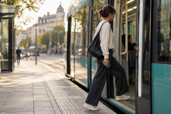 A woman entering the Tram for Be-In Be-out ticketing