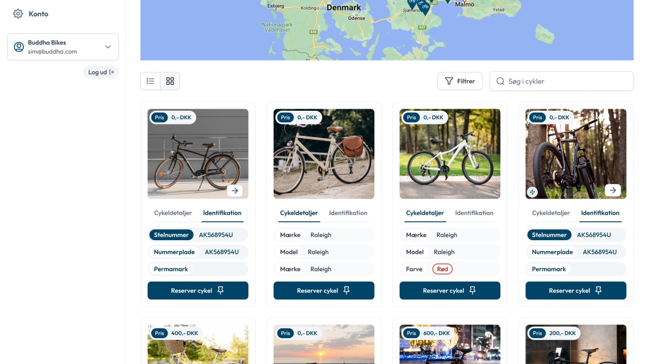 Overview of recoverable bicycles available for pickup in Denmark, displayed on an interactive map with bike images and reservation options.
