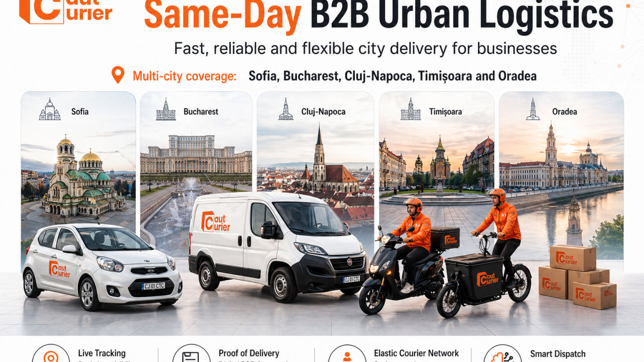 CautCurier branded same-day B2B urban logistics cover image showing multi-city coverage across Sofia, Bucharest, Cluj-Napoca, Timișoara and Oradea, with a branded car, van, scooter courier, cargo e-bike courier and delivery parcels.