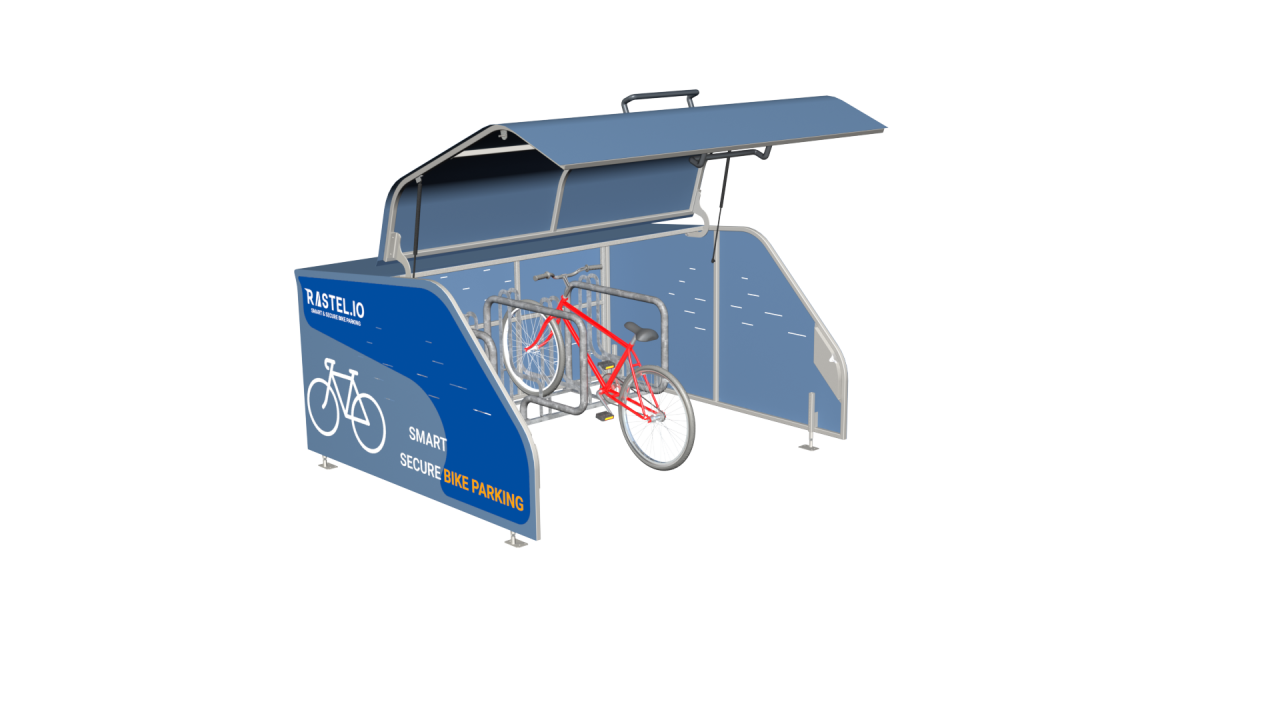 A render of a modular and secure smart bike shelter that can securely store up to 6 bikes