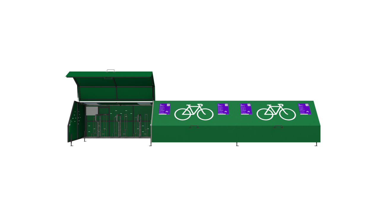 A render of a three-unit, modular and secure smart bike shelter