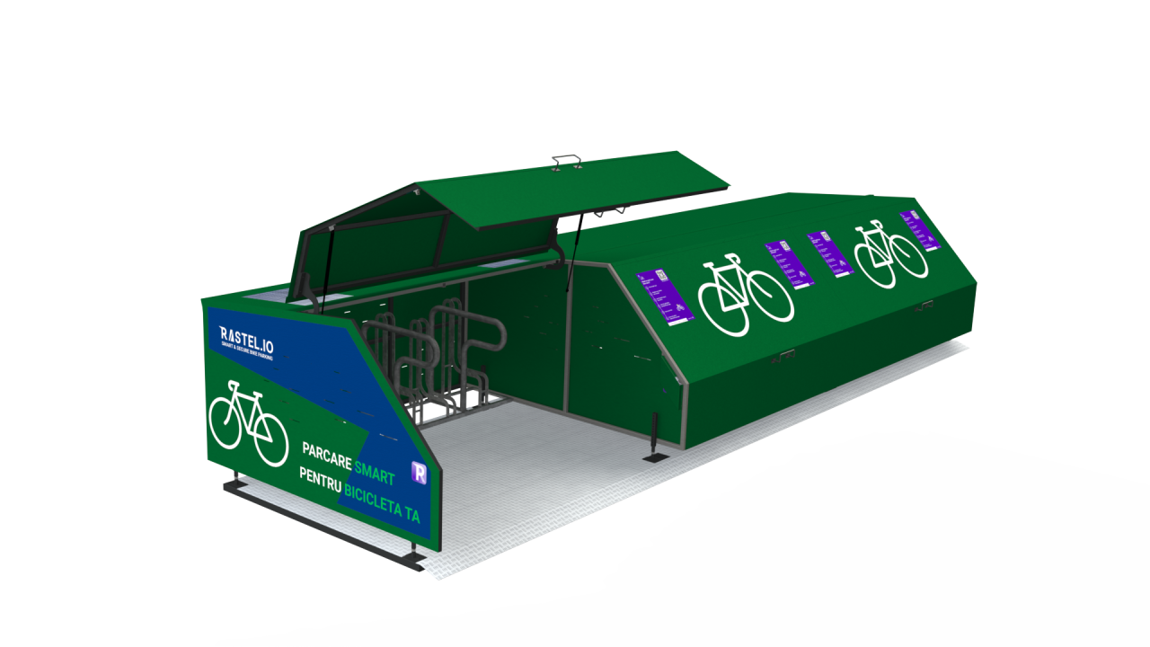 A render of a three-unit, modular and secure smart bike shelter