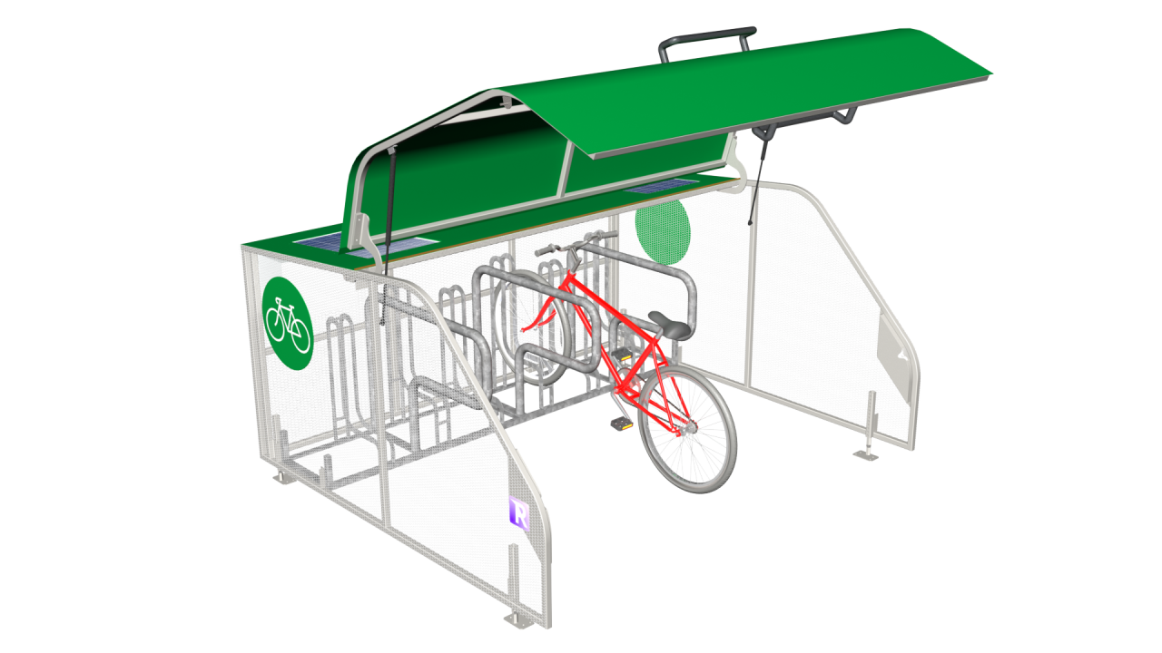 A smart and secure bike shelter with expanded metal sheet sides
