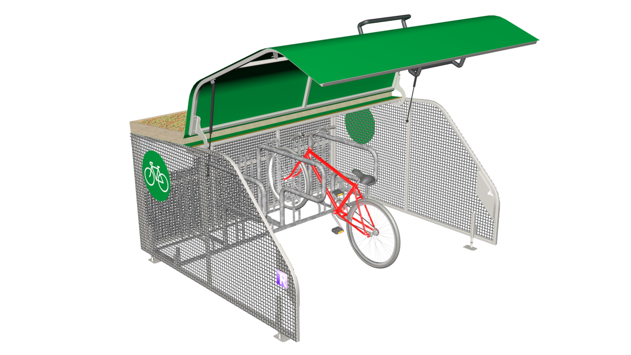 A smart and secure bike shelter with wire mesh sides
