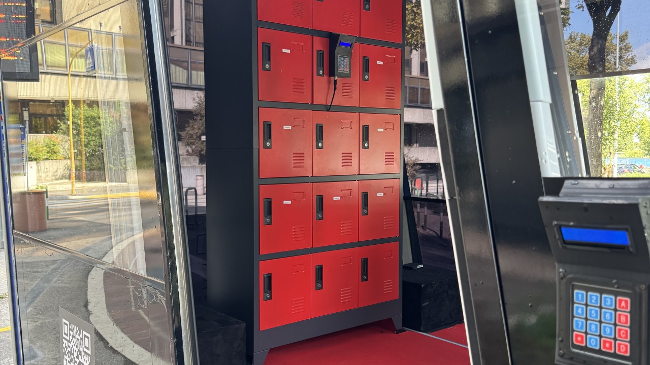 Interior of the ePods mobile parcel locker showing secure parcel compartments and keypad access for contactless parcel collection.