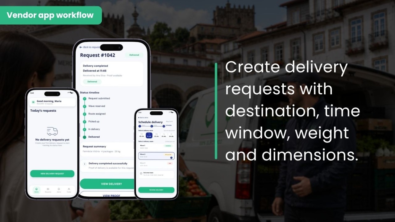 Prototype vendor app screens showing delivery request creation, scheduling, status tracking and delivery confirmation.