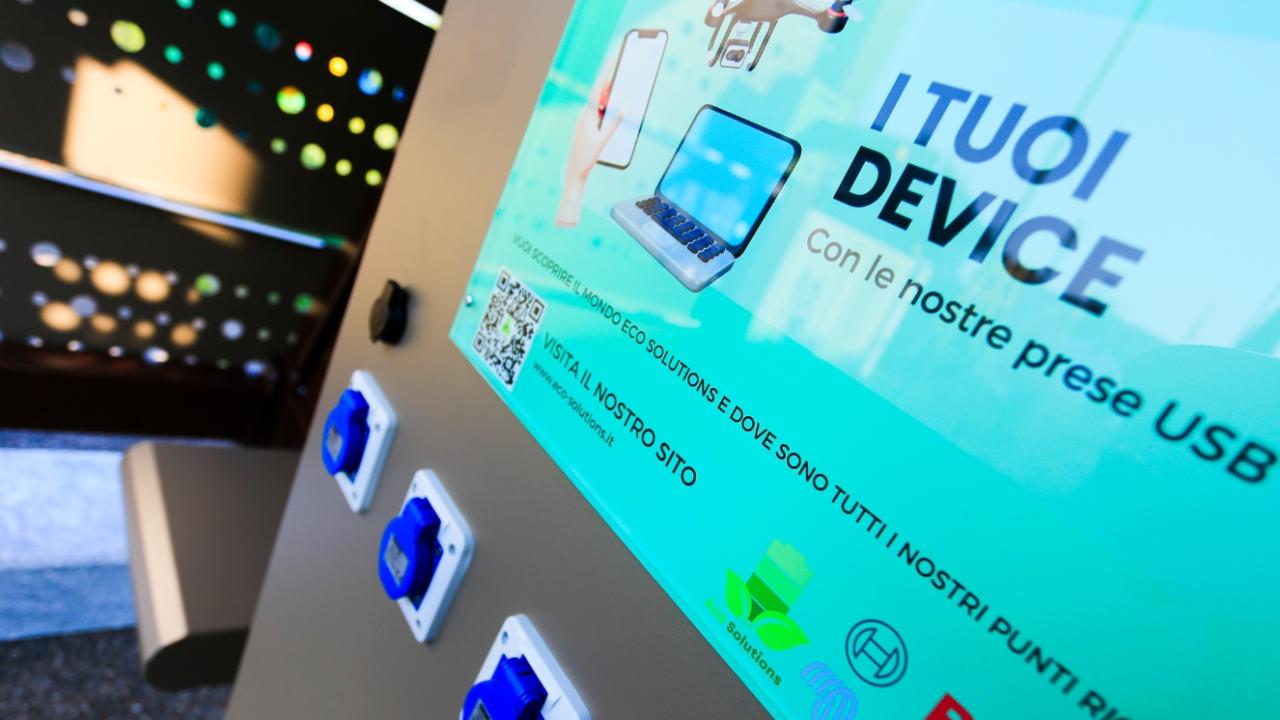 A detailed view of the charging station’s interface with multiple outlets and user instructions.