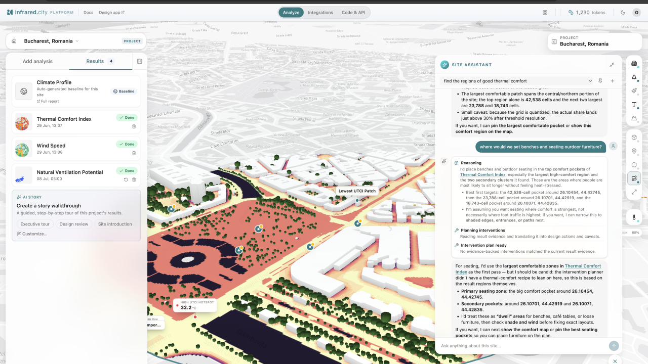a web application displaying thermal comfort heatmap on a detailed 3dimensional map. A site assistant AI agent interacts with data and highlights areas meeting user's conditions on the map