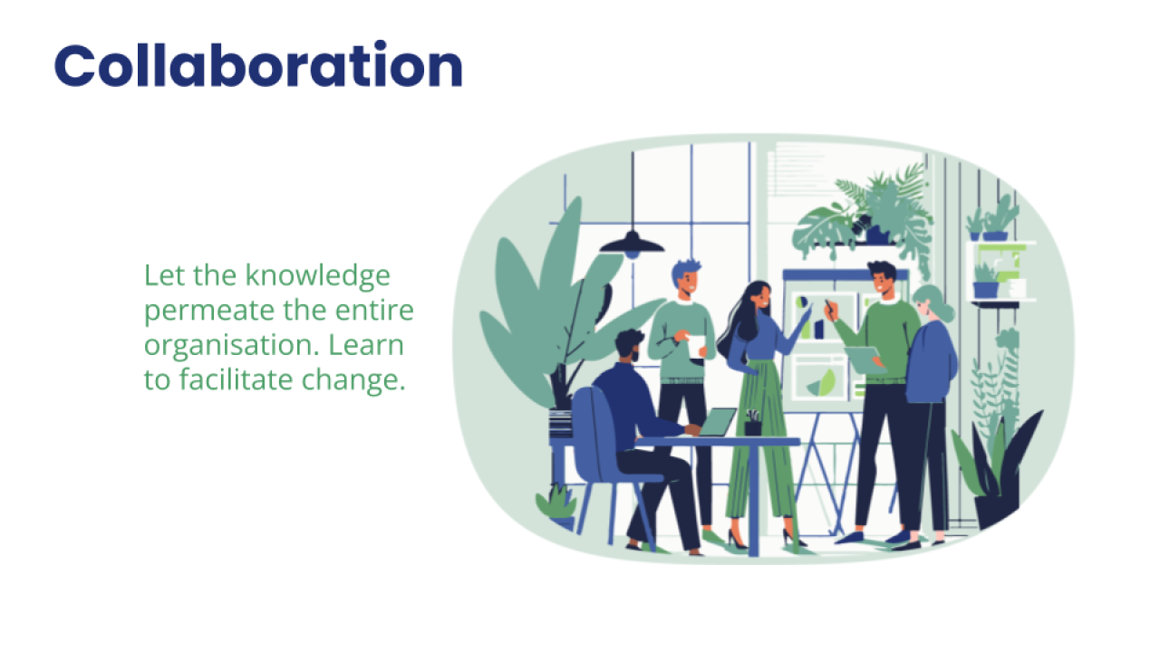 An illustration showing people collaborating in a workshop. 