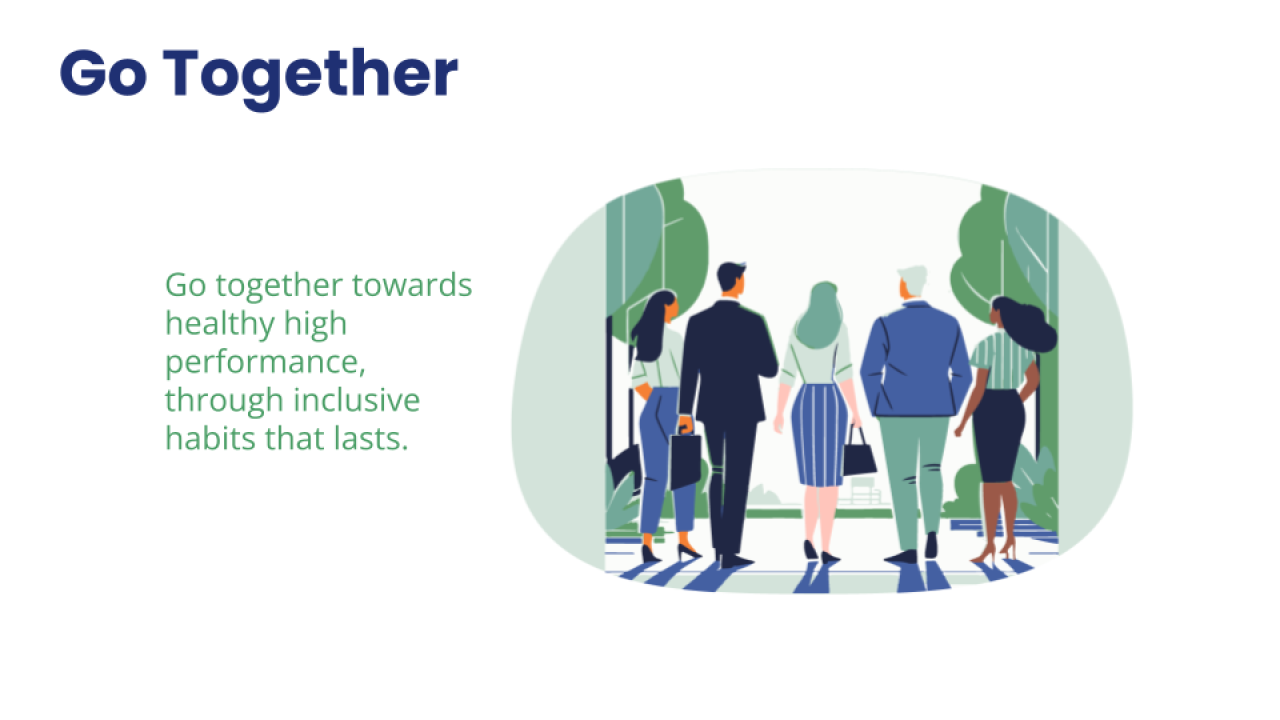 An illustration showing a group of people walking together towards the sunset.