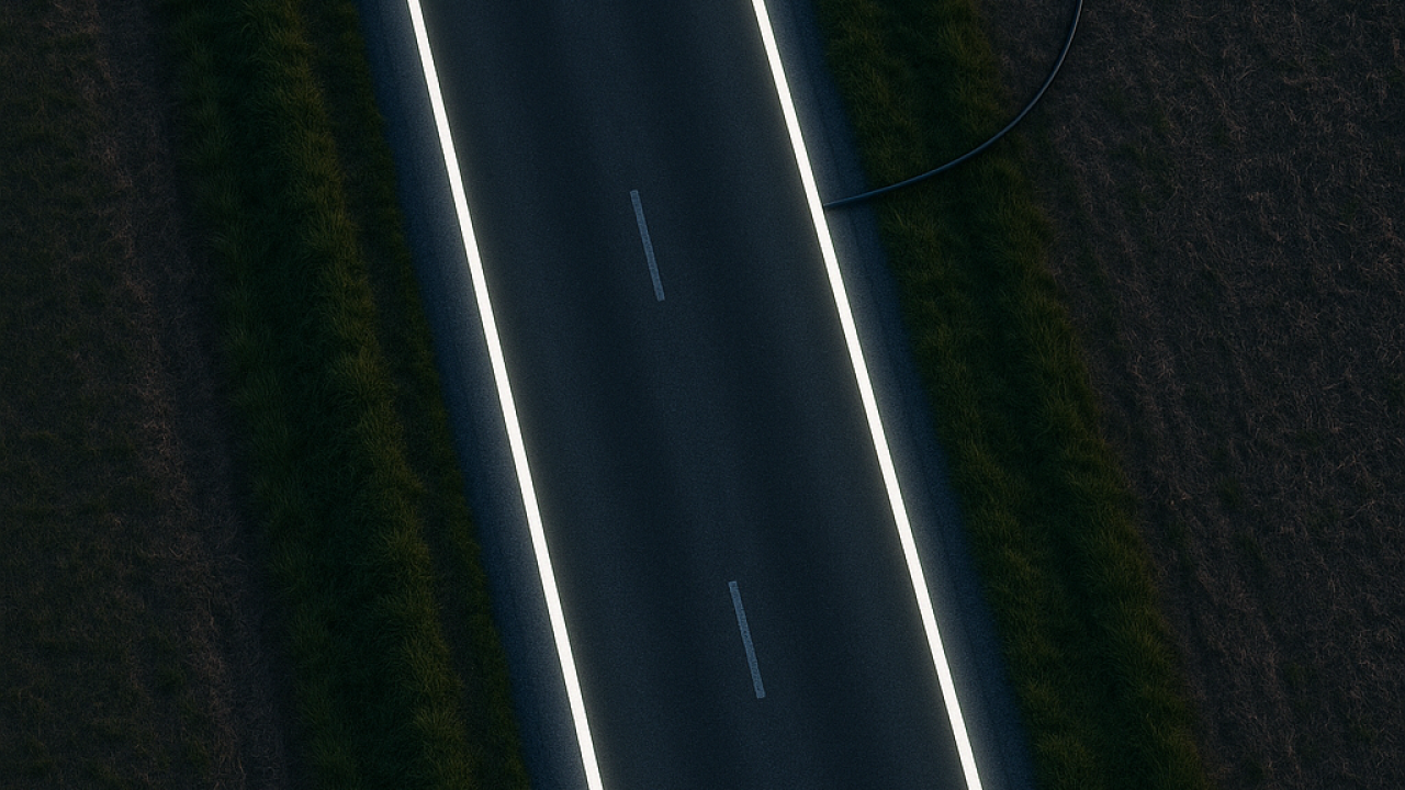 Aerial view of a dark rural road at night with continuous illuminated white light lines embedded along both road edges, powered by a roadside control cabinet.