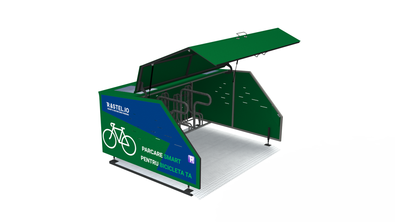 A render of a solar powered modular and secure smart bike shelter and a baseplate