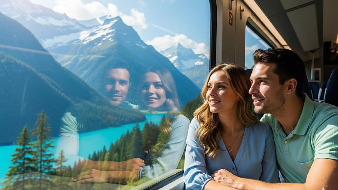 A young couple sitting in a train looking out of the window at a breathing mountain view.