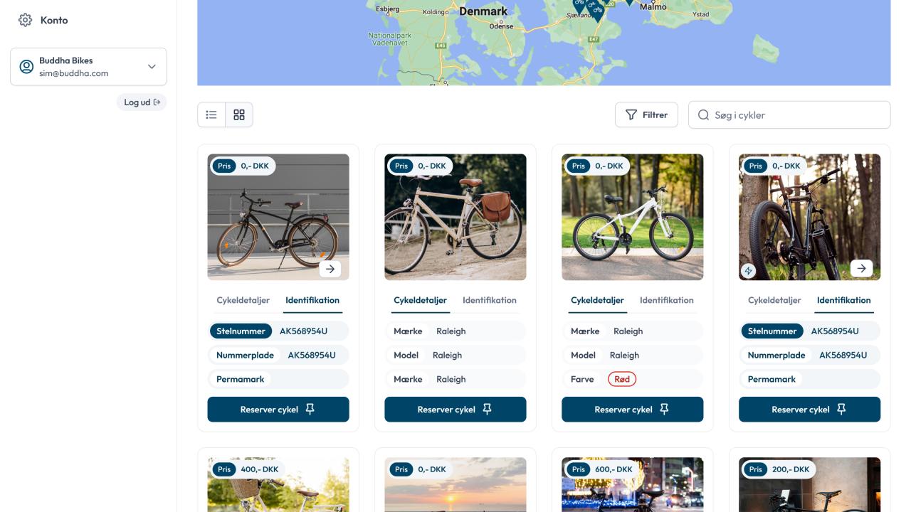 Overview of recoverable bicycles available for pickup in Denmark, displayed on an interactive map with bike images and reservation options.